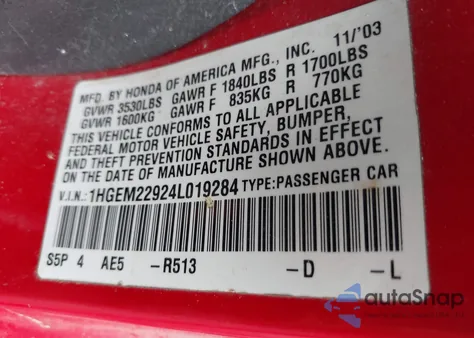 2004 Honda Civic Ex из США, поврежденный, VIN 1HGEM22924L019284